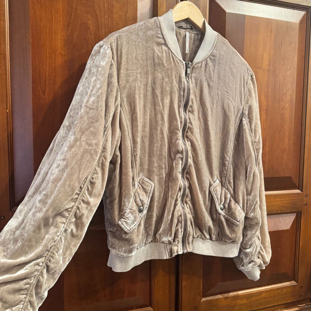 Free People Ruched Velvet Bomber Jacket Taupe Beige Boho Medium - Picture 10 of 16